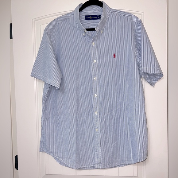 RALPH LAUREN short sleeve button up oxford dress shirt men’s blue/white size Xl - Picture 1 of 6